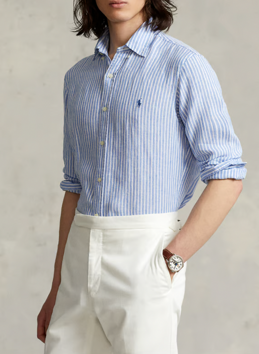 Chemise col américain slim-fit en lin - Bleu