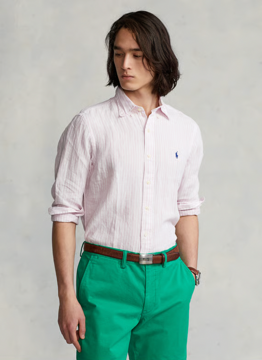 Chemise col américain slim-fit en lin - Rose