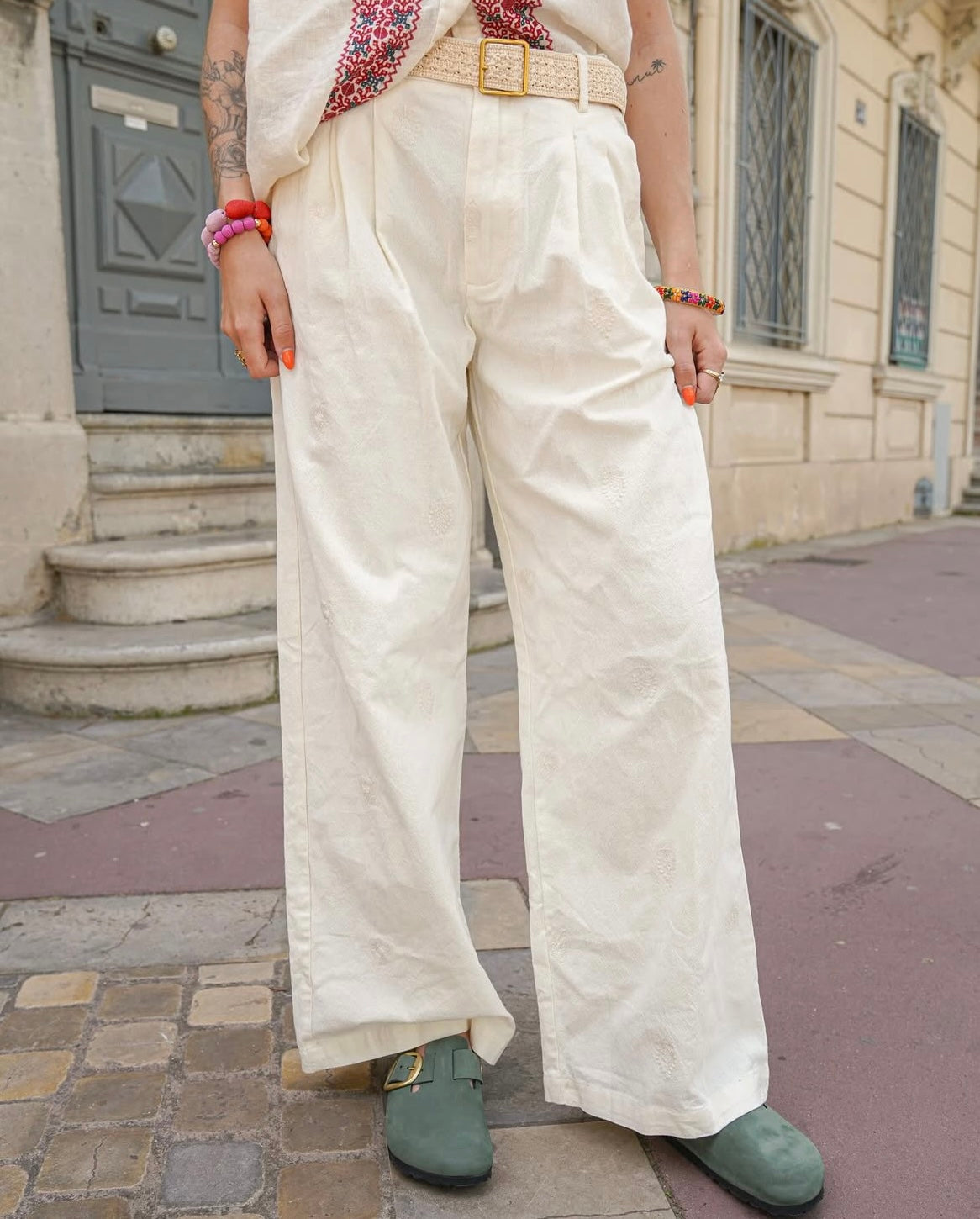 Pantalon large brodé en coton - Blanc – LOLO