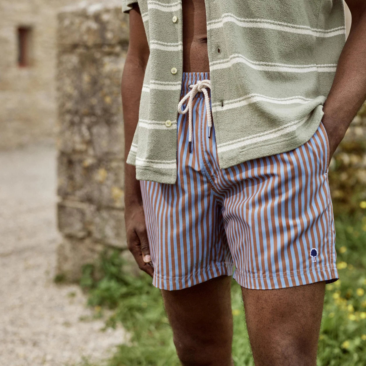 Maillot de bain bleu ciel & ocre rayures - Duckstore_narbonne