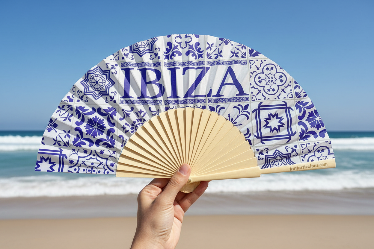 Eventail 23 cm motif carreaux Ibiza - Duckstore_narbonne