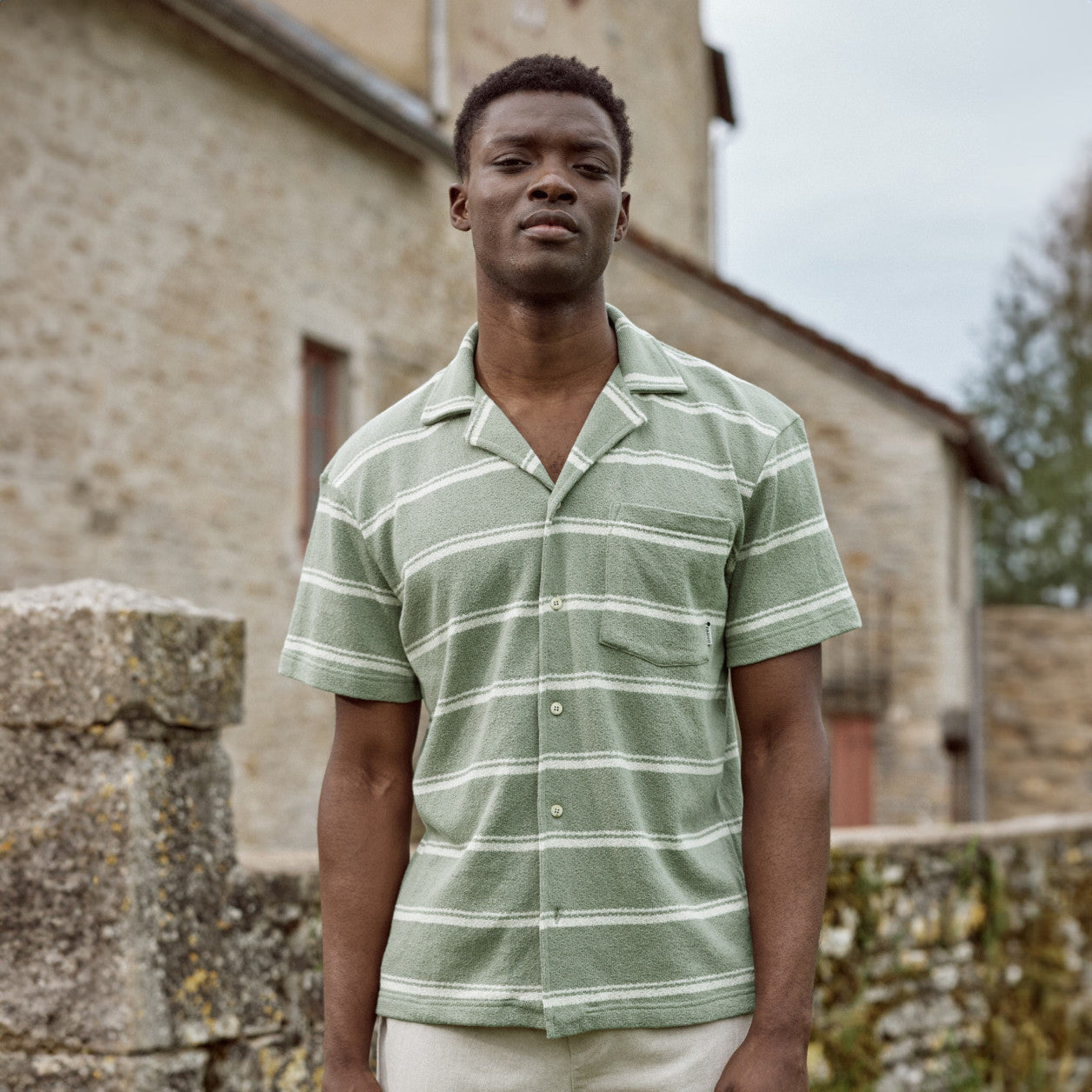 Chemise kaki & écrue maille à rayures